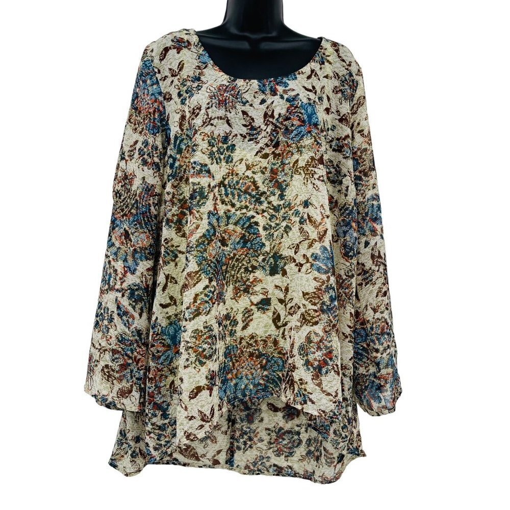 One World Floral Tunic Womens Plus Size 2X Green Multi Boho Casual Sheer